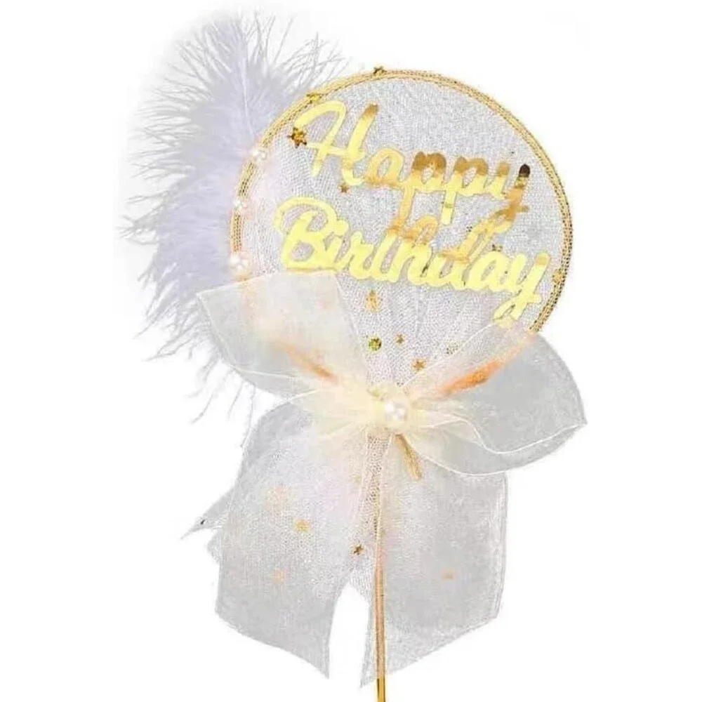 Gold Happy Birthday Cake Toppers with Mesh Bow Pearl Feather Decoration - Round